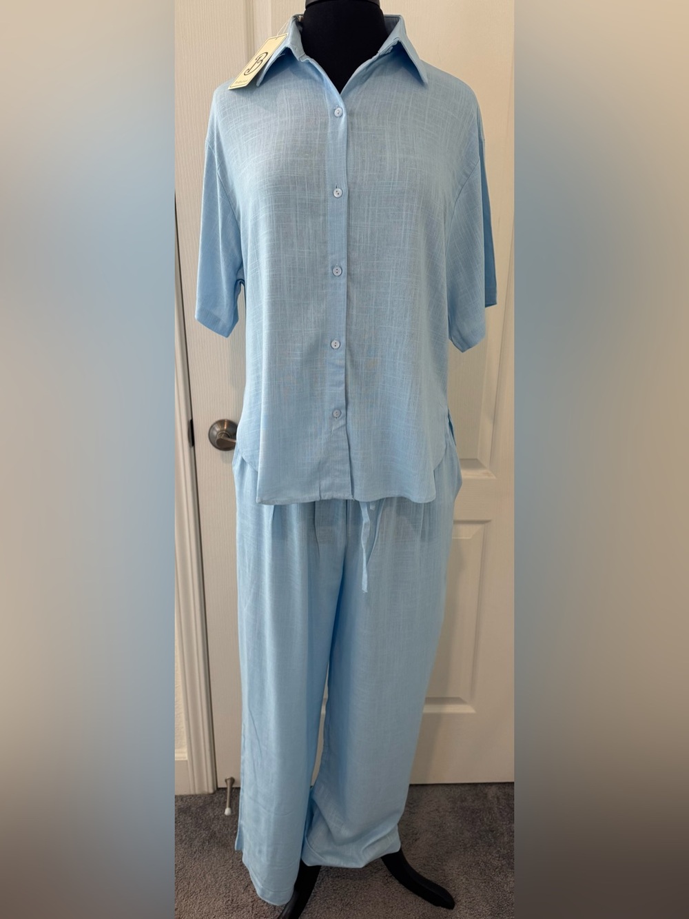 Light Blue Two-Piece Button Front Lounge Set with 2 side pockets